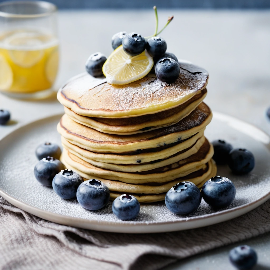 Stack of golden pancakes with blueberries and lemon zest, dusted with powdered sugar on a plate.