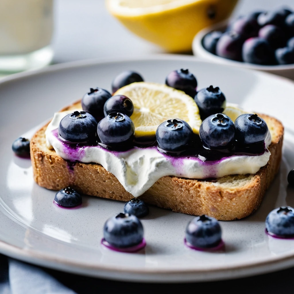 Golden toasted bread topped with smooth white ricotta, vibrant blueberries, and a drizzle of lemon glaze.