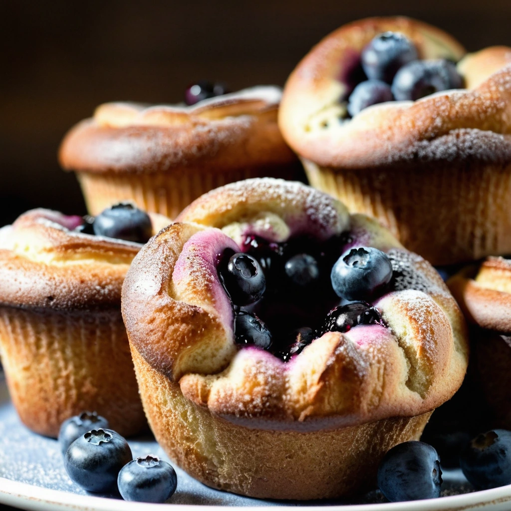 Golden brown popovers with visible blueberry swirls, arranged on a rustic wooden board.