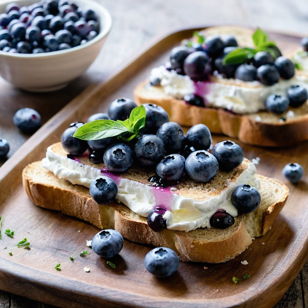 A plated serving of Blueberry Ricotta Toast