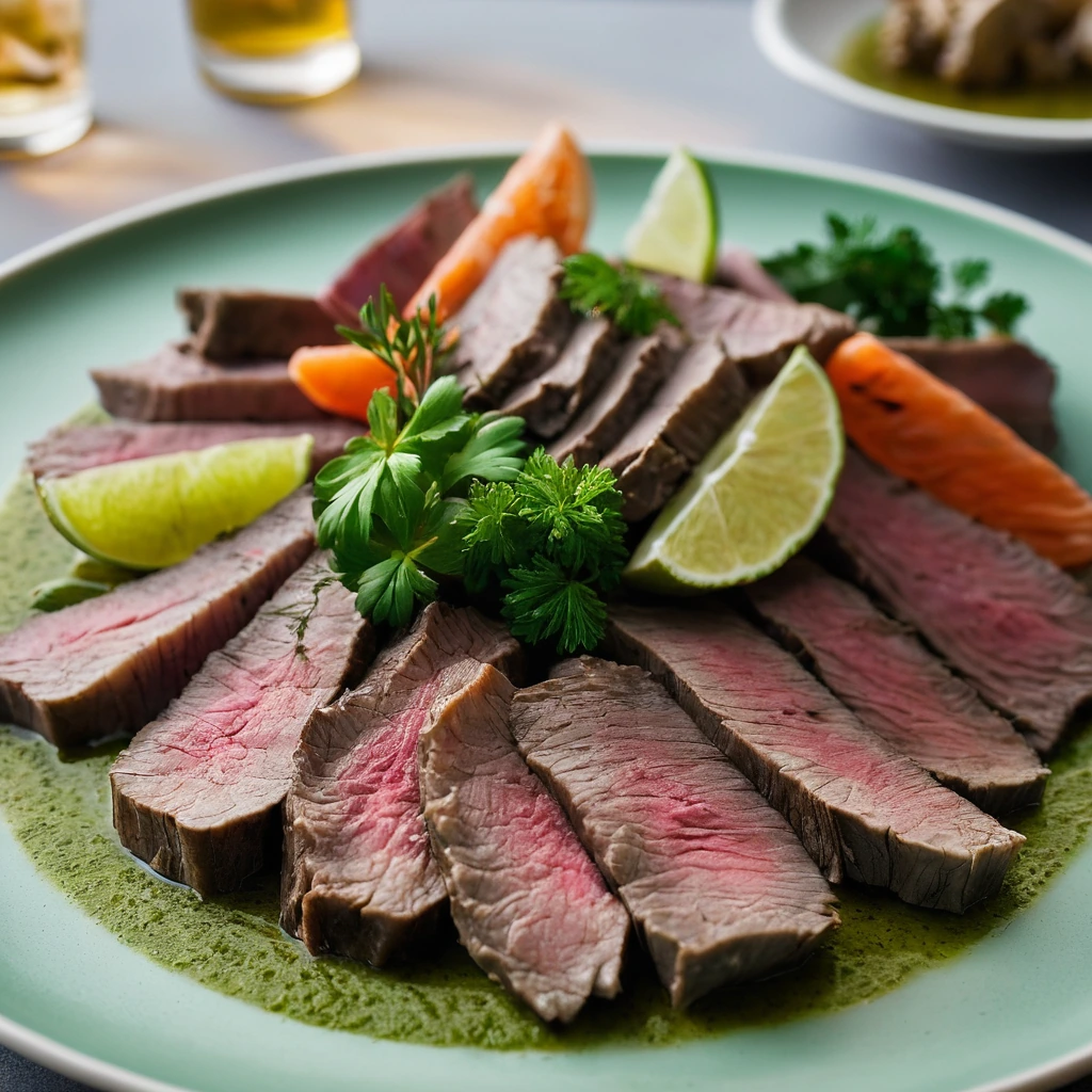 Colorful platter of sliced boiled beef and pork with a vibrant green sauce drizzled over the top.