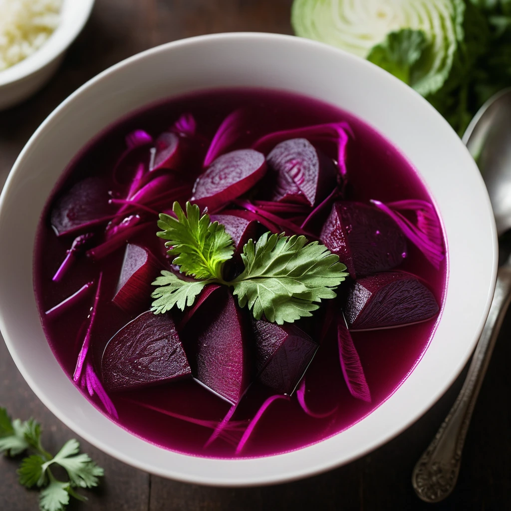 A steaming bowl of deep red soup with visible chunks of beets and cabbage, garnished with fresh dill.