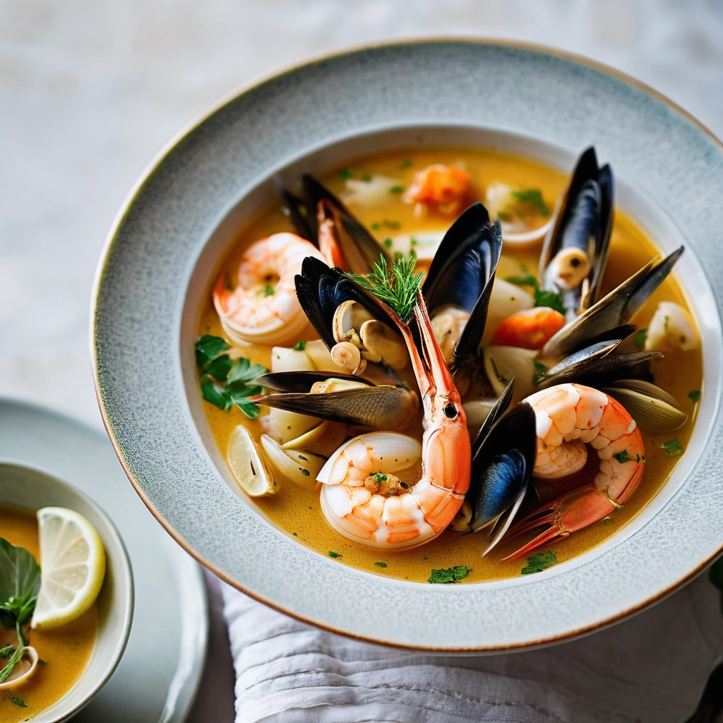 Colorful mix of seafood in a golden broth served in a shallow bowl with fresh herbs scattered on top.