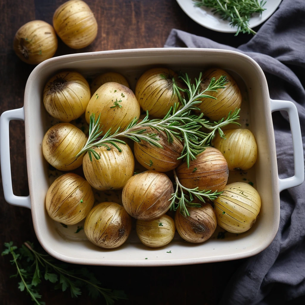 Golden brown layered potatoes in a casserole dish, sprinkled with fresh thyme.