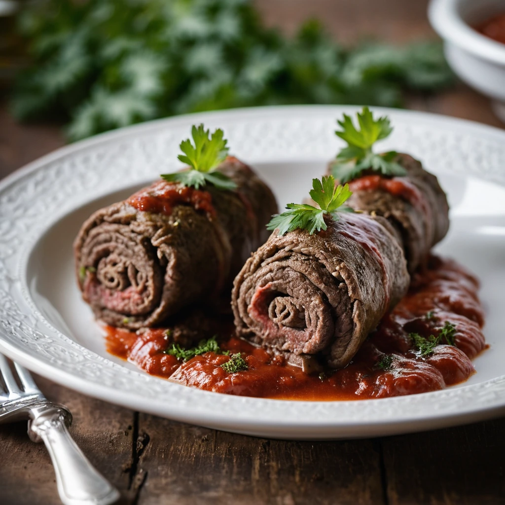 Beef rolls in a rustic bowl, topped with a glossy tomato sauce and fresh parsley.