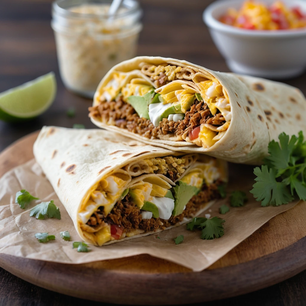 Golden brown crunchwraps stuffed with scrambled eggs, cheese, and salsa, arranged on a rustic wooden board.