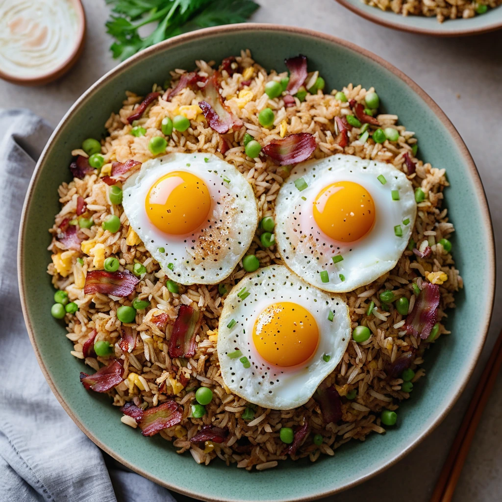 Golden fried rice in a skillet topped with crispy bacon and sunny-side-up eggs, garnished with green onions.
