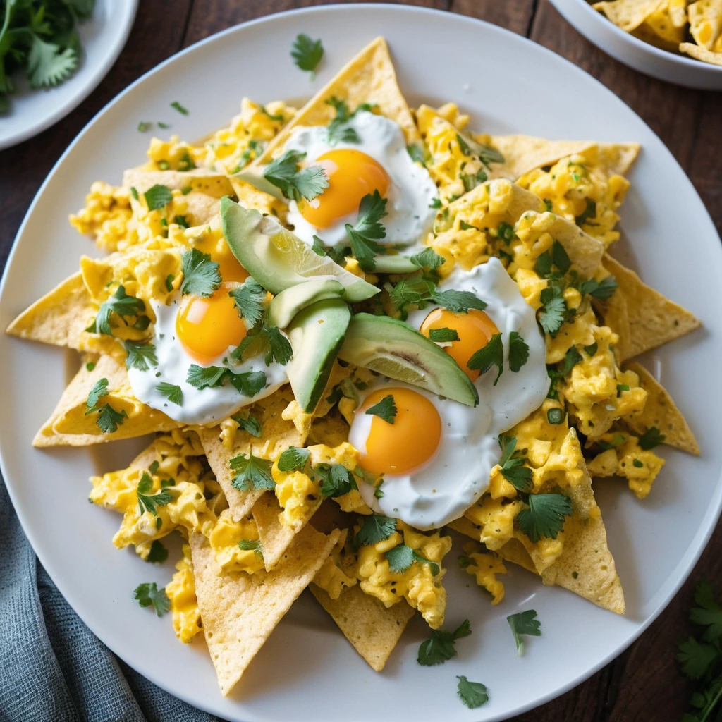Colorful nachos piled high with scrambled eggs and melted cheese, sprinkled with green cilantro on a white plate.