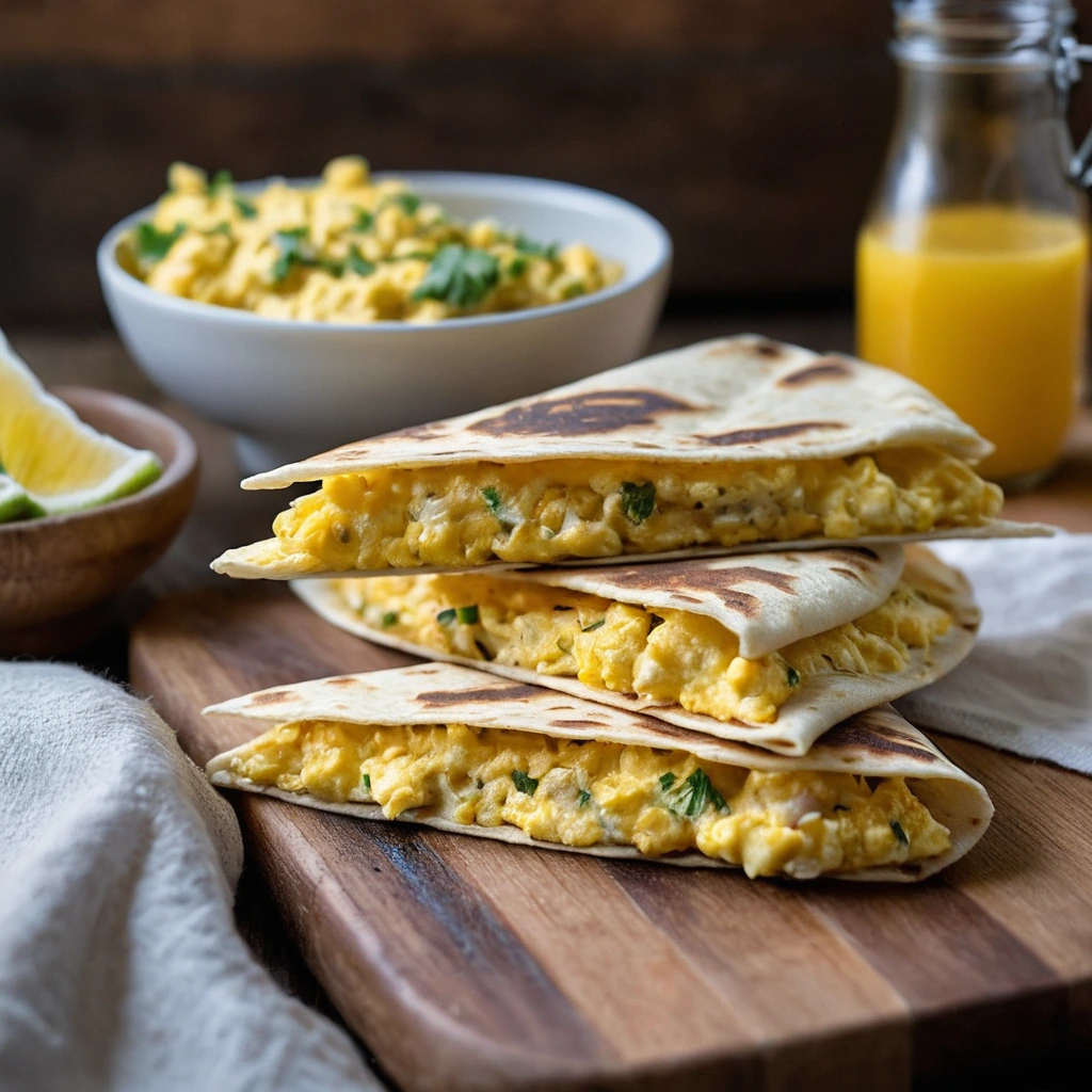 Two golden quesadillas cut into wedges, filled with fluffy eggs and melted cheese, served on a rustic wooden board.