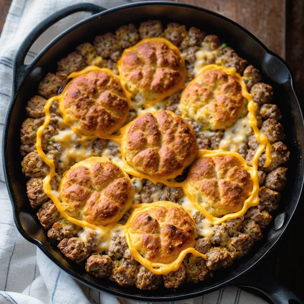 Golden biscuits in a skillet with melted cheddar cheese and crumbled breakfast sausage on top.