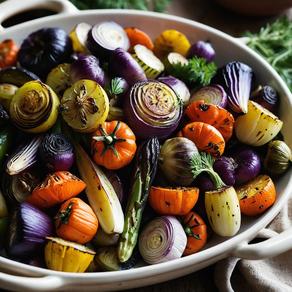 Colorful roasted vegetables in a rustic earthenware dish garnished with fresh parsley.