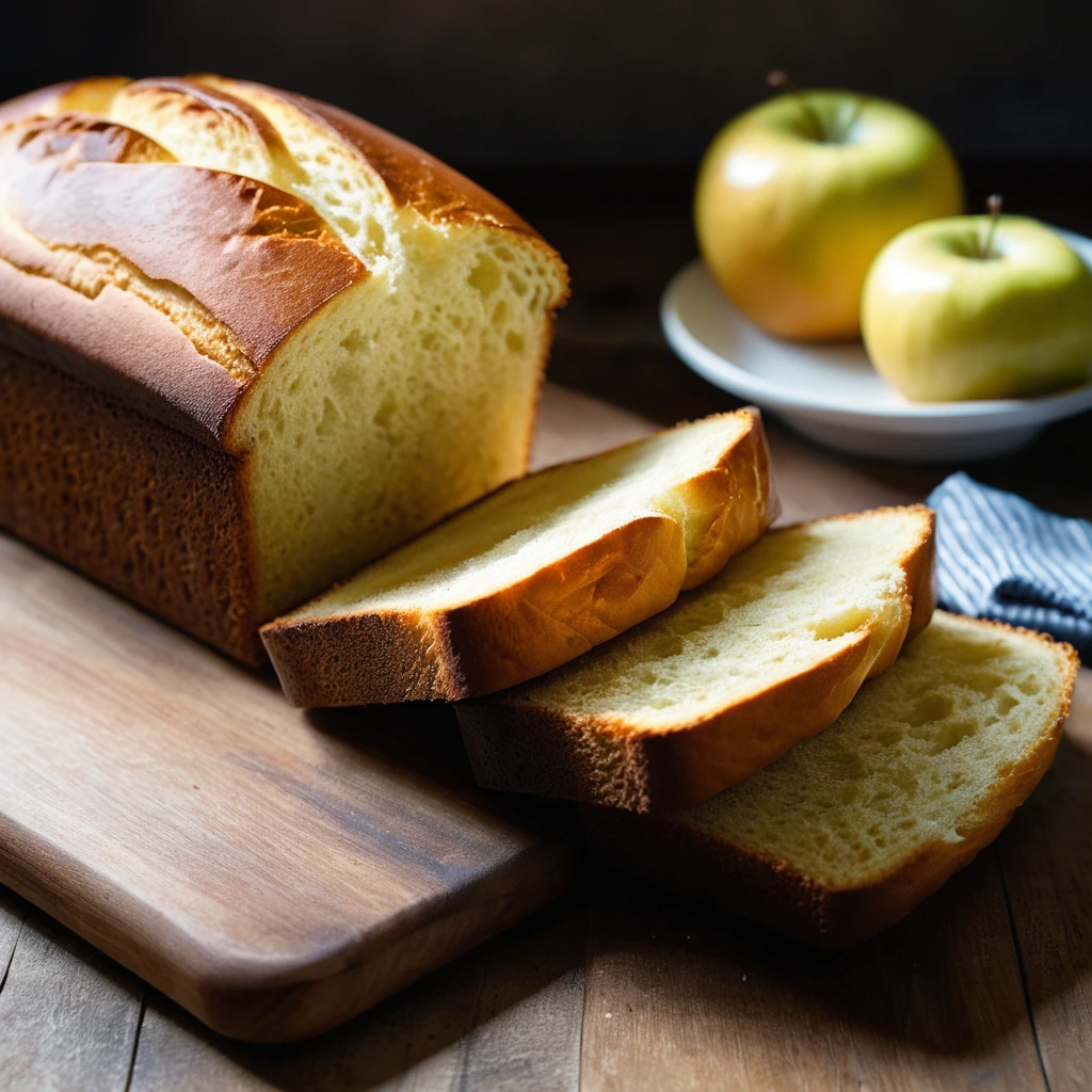 Golden-brown brioche loaf sliced and arranged on a rustic wooden board.