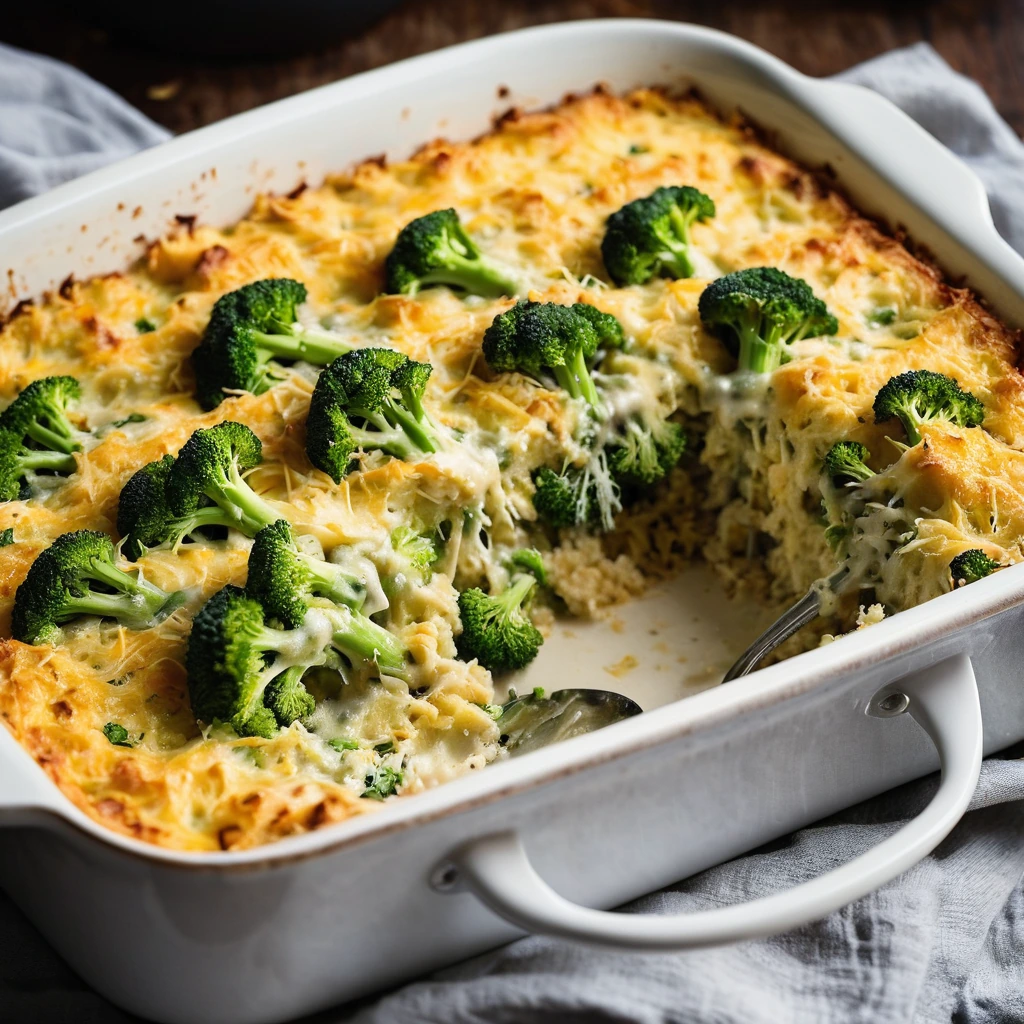 Golden bubbly casserole in a baking dish topped with melted cheddar cheese and green broccoli florets.