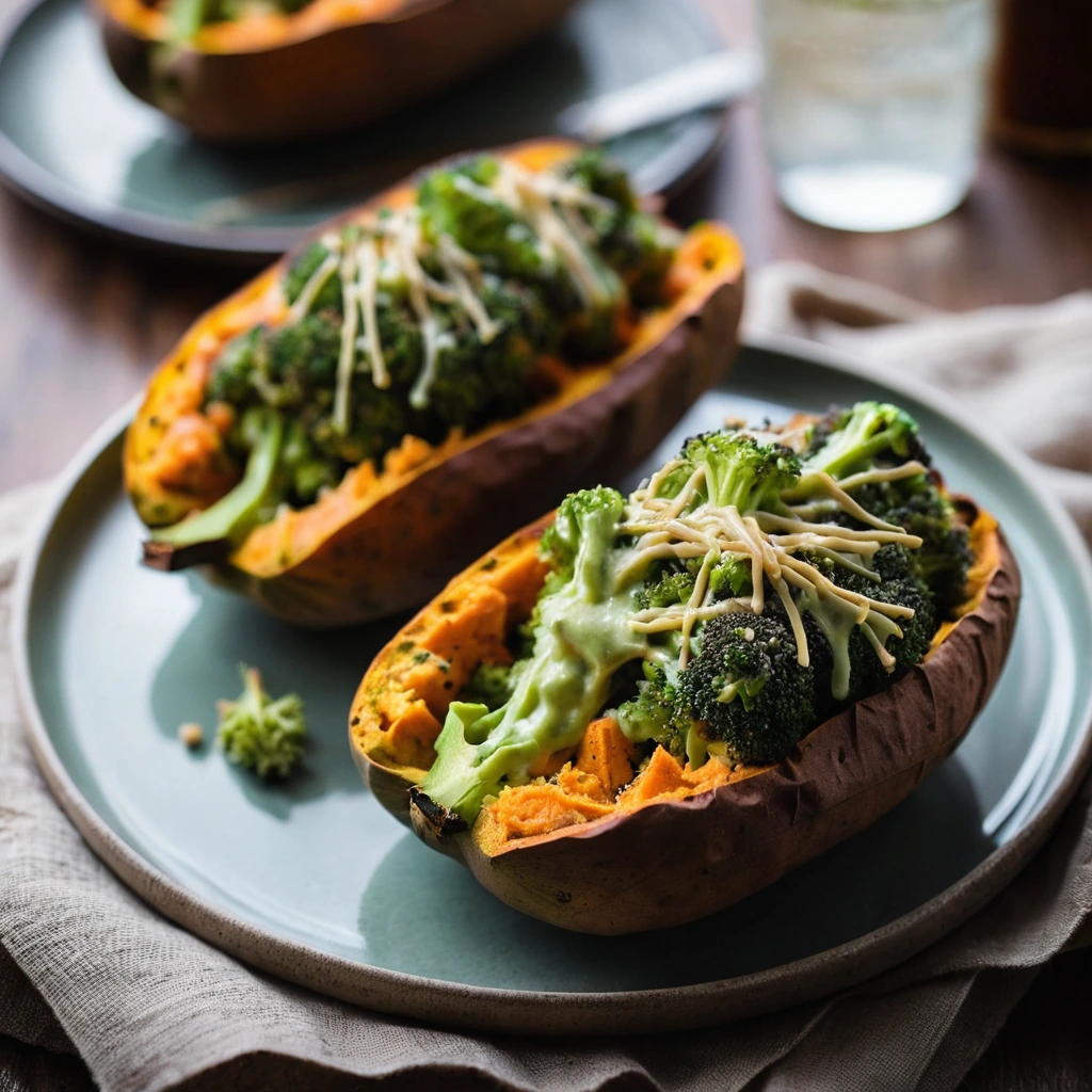 Two split sweet potatoes filled with a broccoli and cheddar mixture, topped with melted cheese and a sprinkle of paprika.