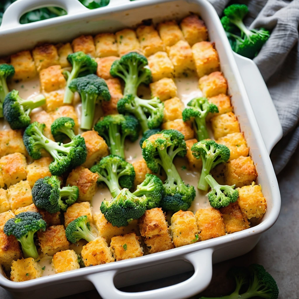 Baked casserole in a rectangular dish with golden tater tots, green broccoli, and melted orange cheddar cheese on top.