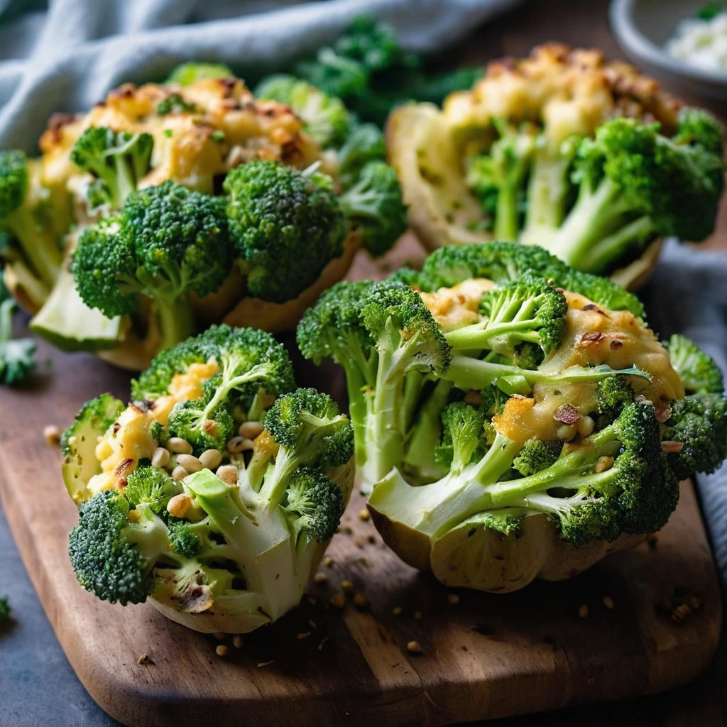 Four stuffed baked potatoes with broccoli, chickpeas, and melted cheddar cheese on a rustic wooden board.