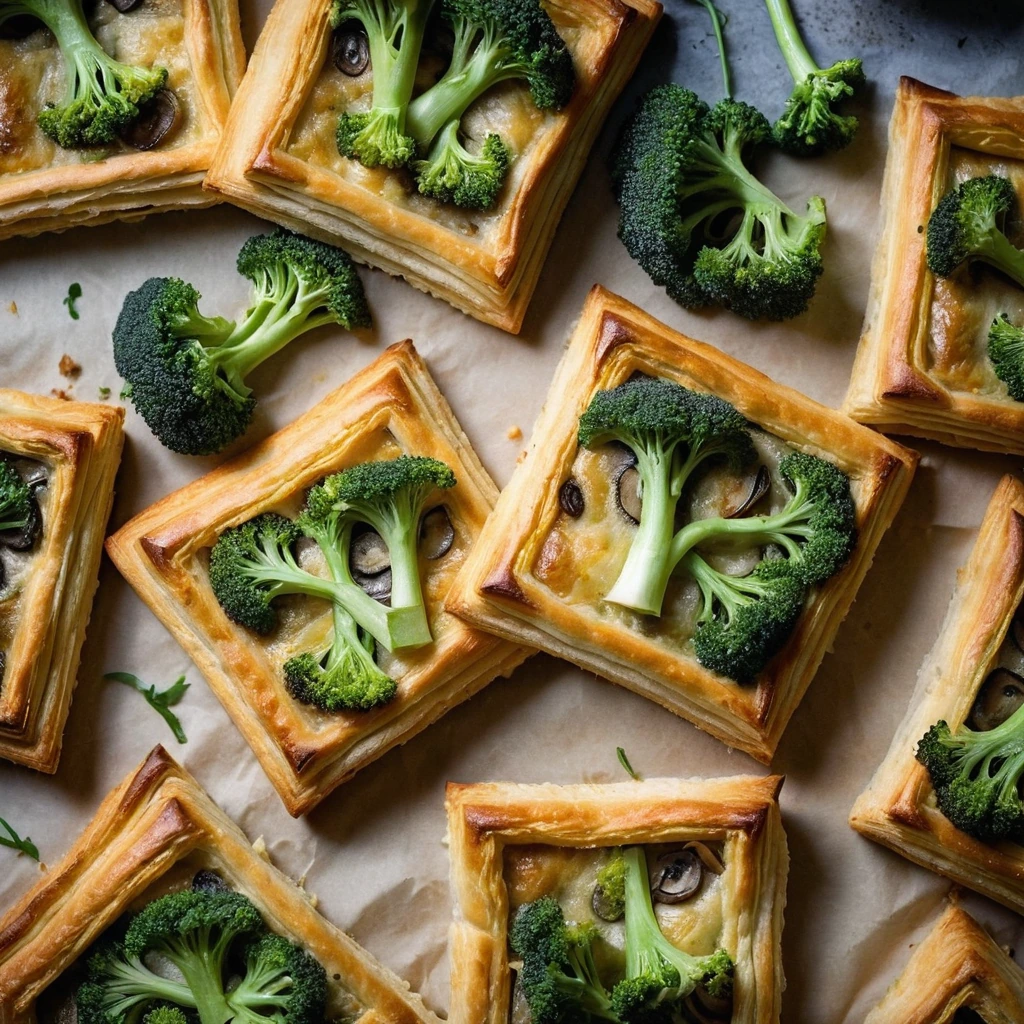 Golden puff pastry squares with a creamy broccoli and mushroom filling, sprinkled with melted cheddar.