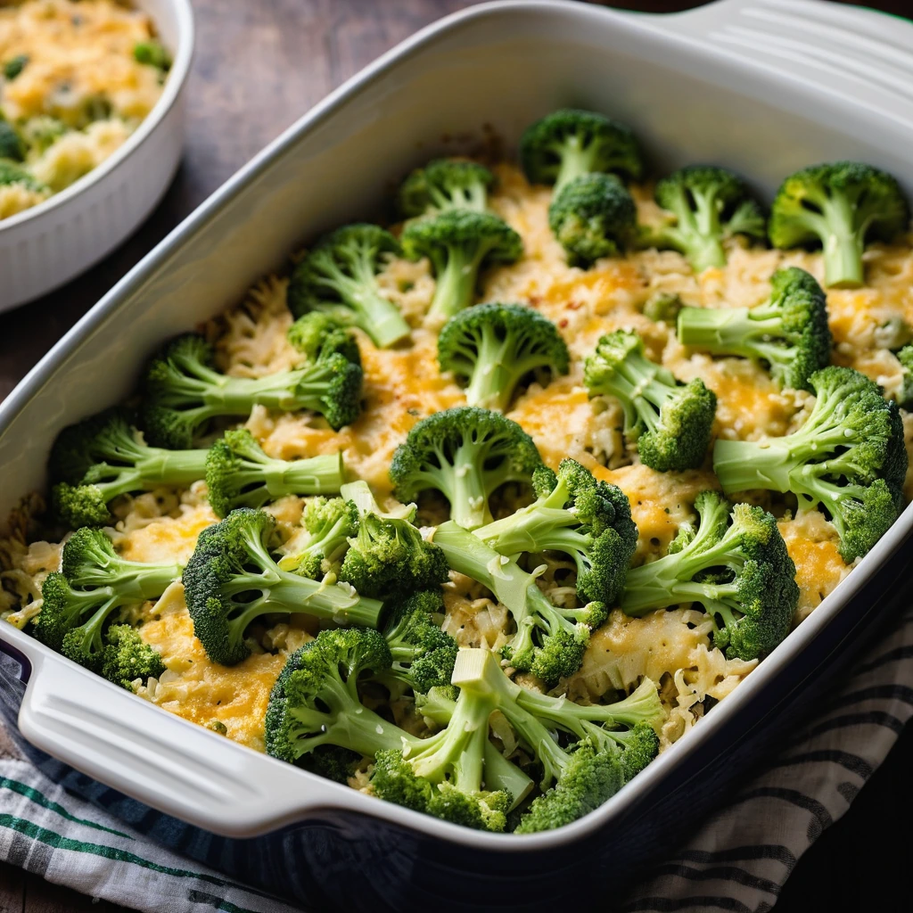 Golden-brown casserole in a rectangular baking dish, with a bubbly surface of melted cheddar and green broccoli peeking through.