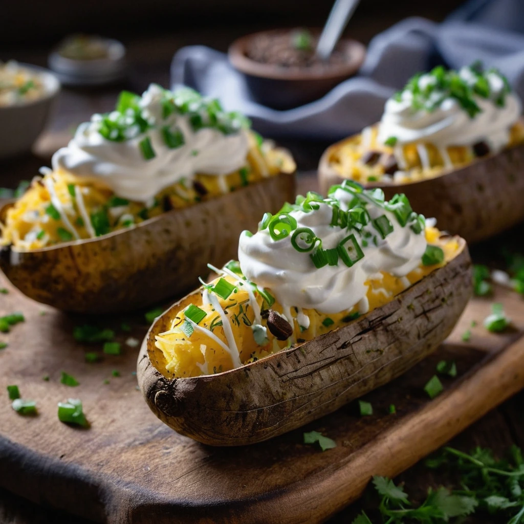 Steaming baked potatoes in a row with various colorful toppings like cheese, chives, and sour cream on a rustic wooden board.