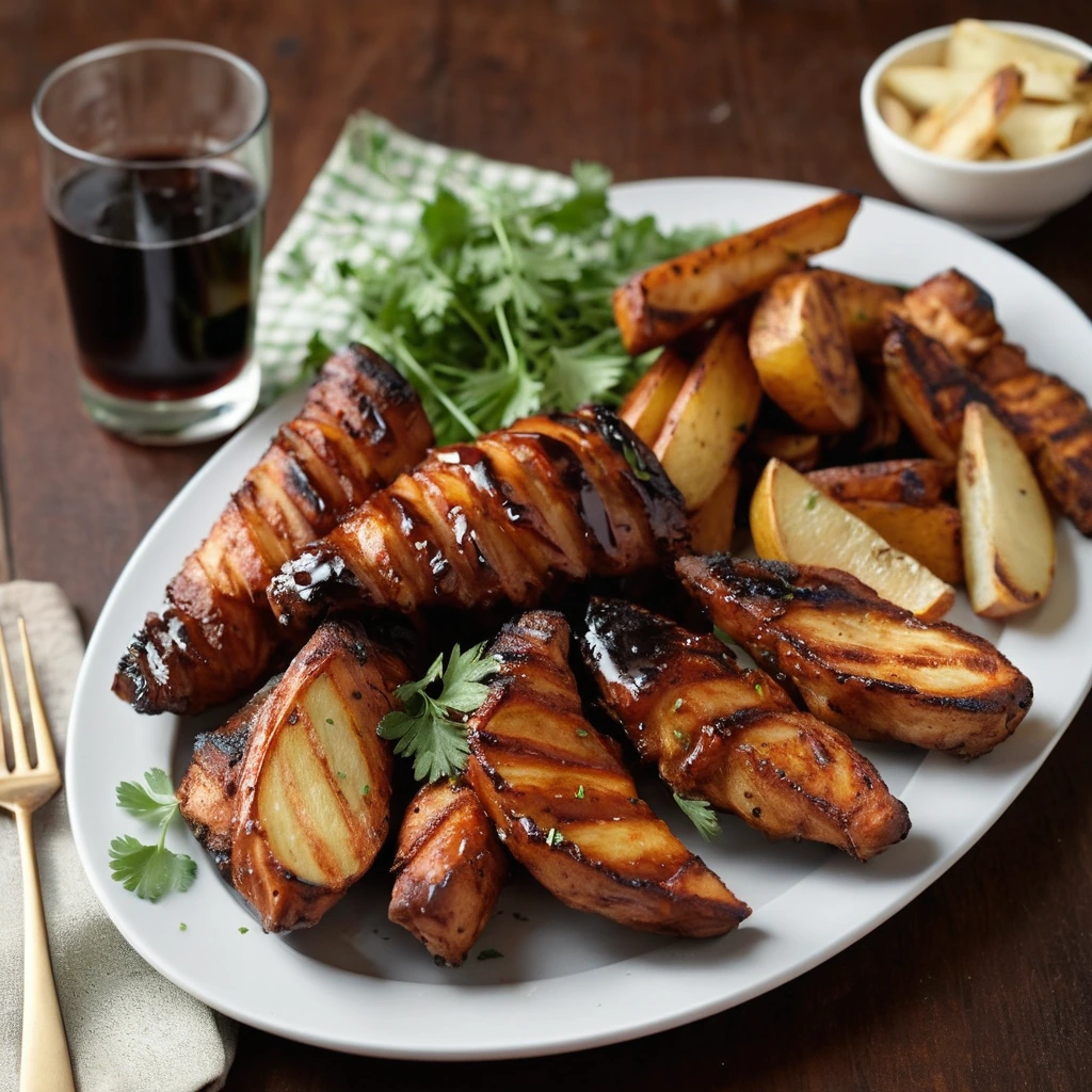 Grilled chicken pieces and golden potato wedges arranged on a platter, drizzled with BBQ sauce and garnished with fresh parsley.