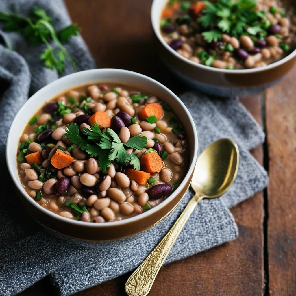 Bowl of rustic stew with chunks of barley and beans, topped with fresh parsley