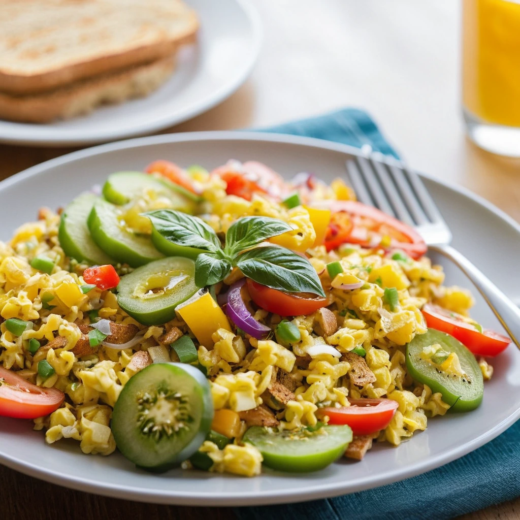 Golden scramble on toasted bread with colorful bell peppers and onions