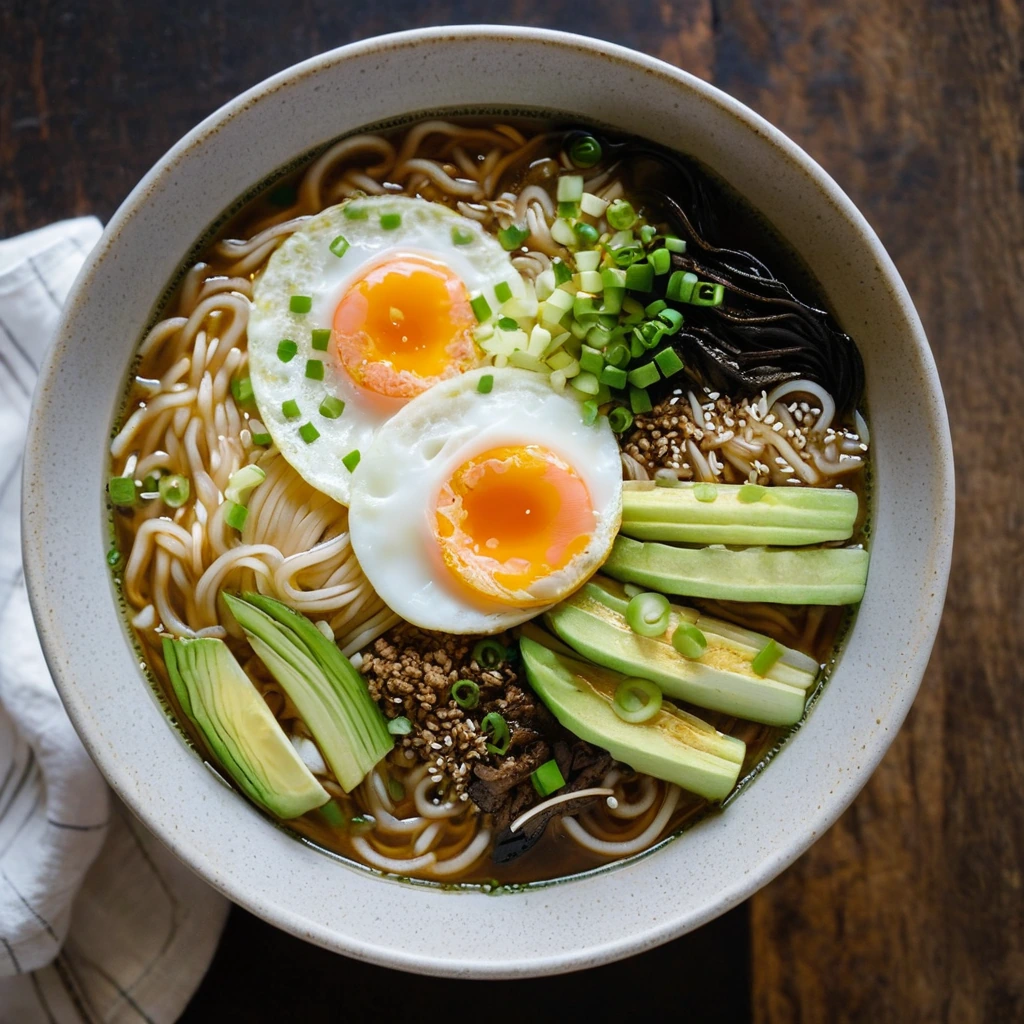 A steaming bowl of ramen with a runny poached egg on top, garnished with green onions and sesame seeds.