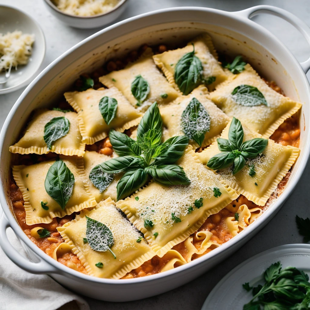 Golden, bubbly casserole with layers of ravioli and melted cheese in a baking dish, sprinkled with fresh parsley.