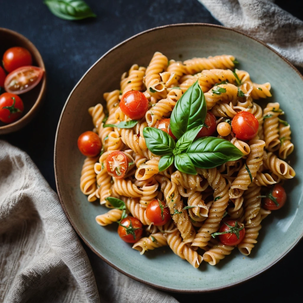 Rustic bowl of golden pasta twirled with chickpeas and vibrant red tomato sauce, garnished with fresh basil leaves.