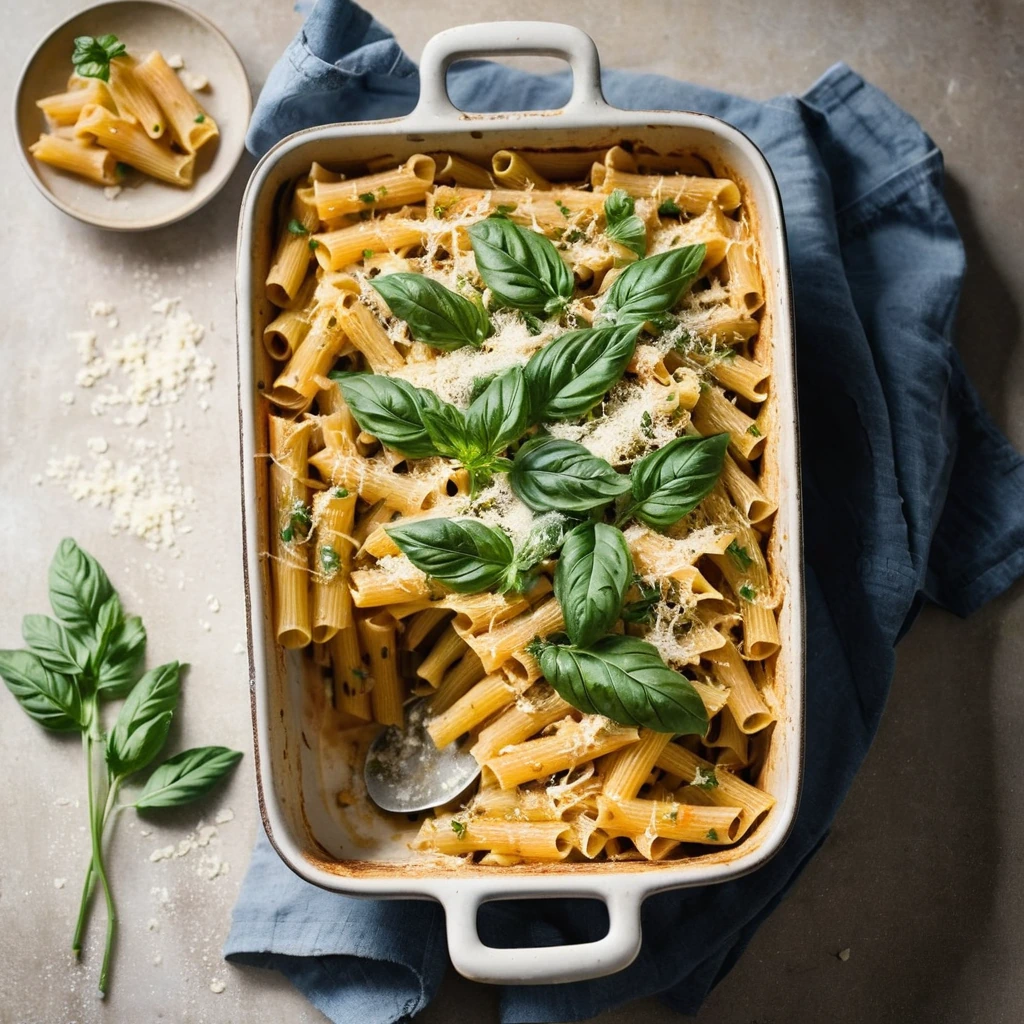 Golden bubbly pasta bake in a rectangular dish with melted cheese on top and a sprinkle of parsley.