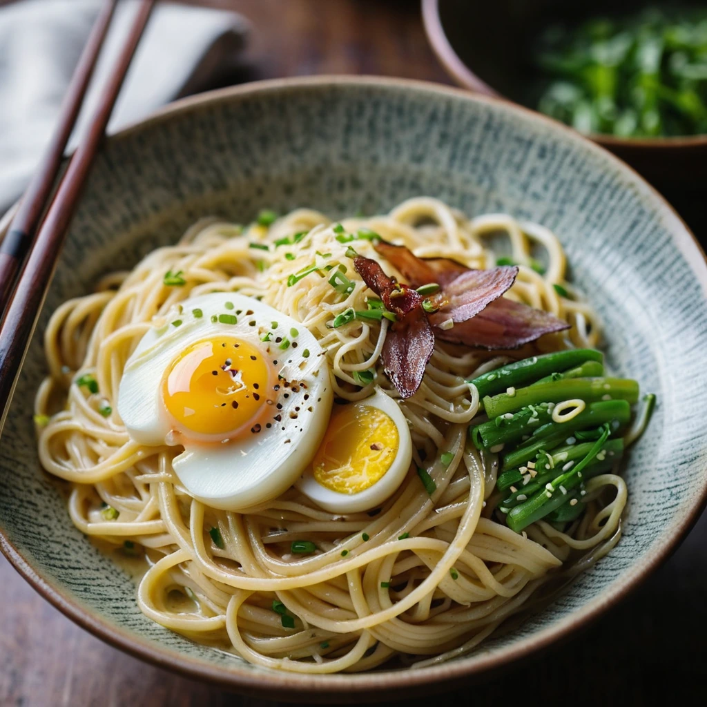 Golden bowl of ramen carbonara with crispy bacon, green onions, and a perfectly runny egg yolk.