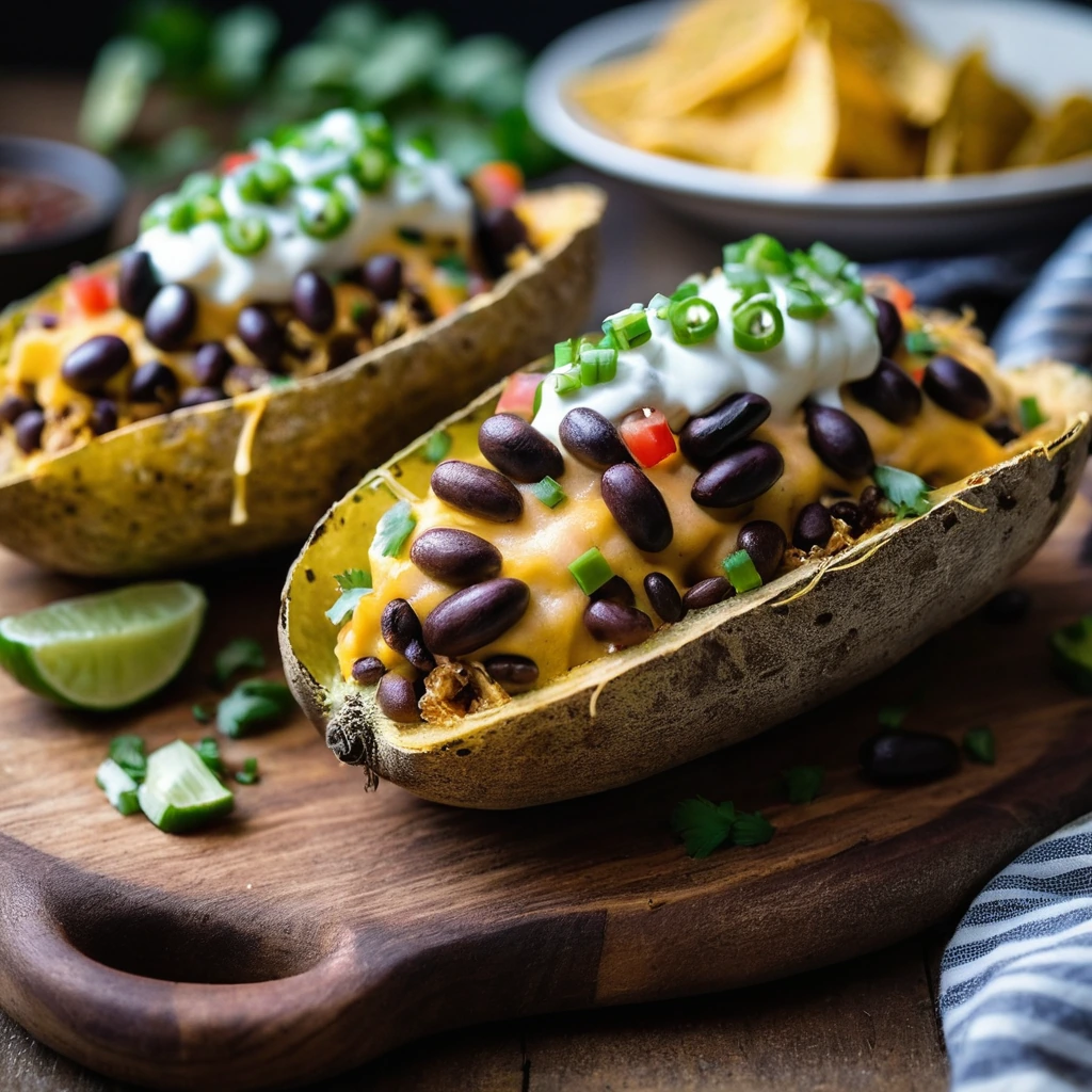 Four golden baked potatoes topped with melted cheese, black beans, salsa, and green onions served on a rustic wooden board.