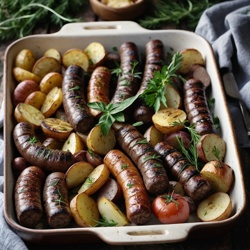 Rustic baking tray filled with browned sausages and golden roasted potatoes, sprinkled with fresh herbs.