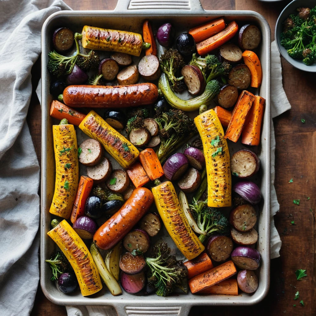 Colorful roasted vegetables and browned sausage links on a sheet pan.