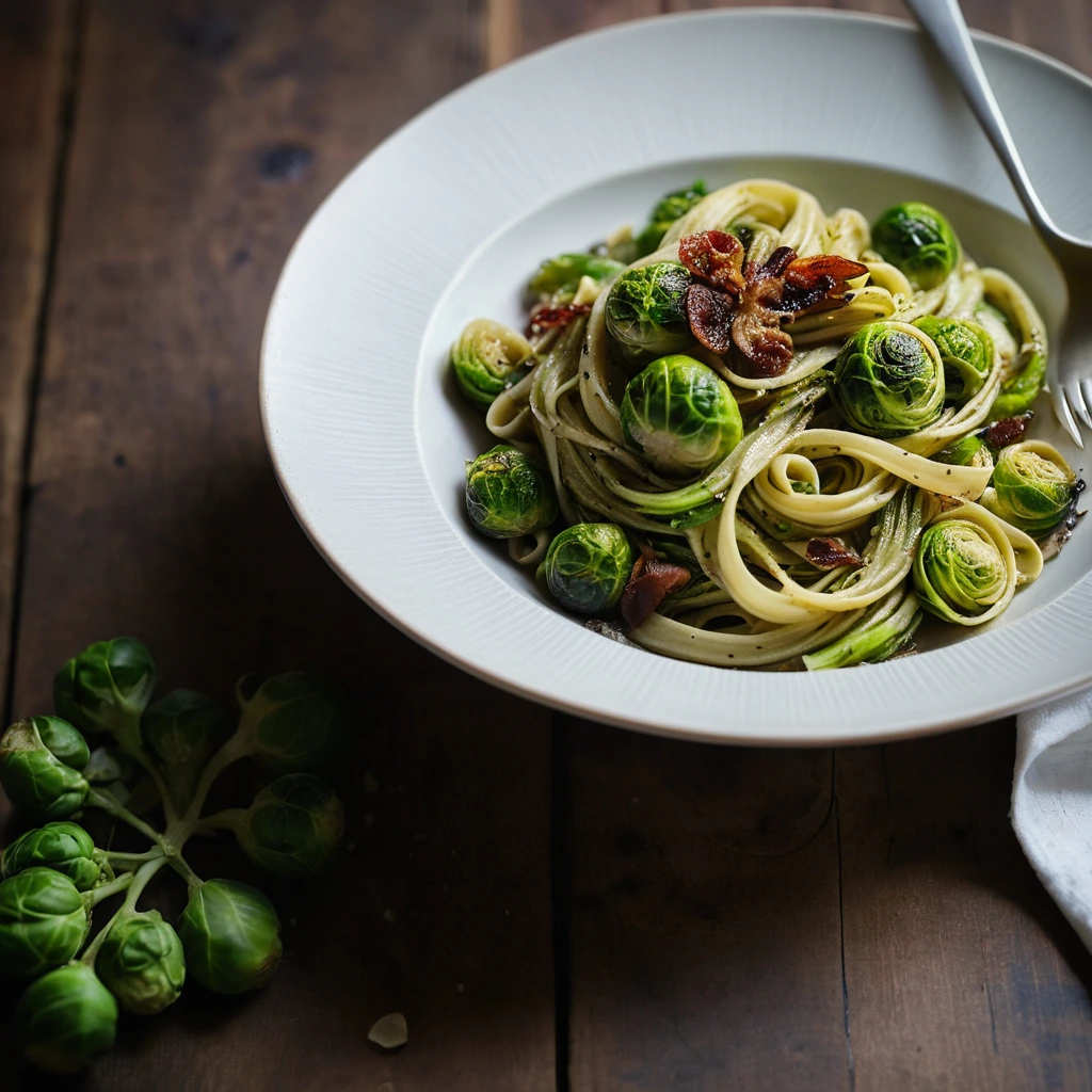 Golden brown pasta twirled with crispy bacon and vibrant green Brussels sprouts in a glossy sauce.