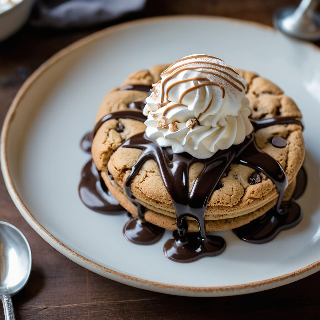 A golden brown cookie in a skillet with melting vanilla ice cream and caramel drizzle.