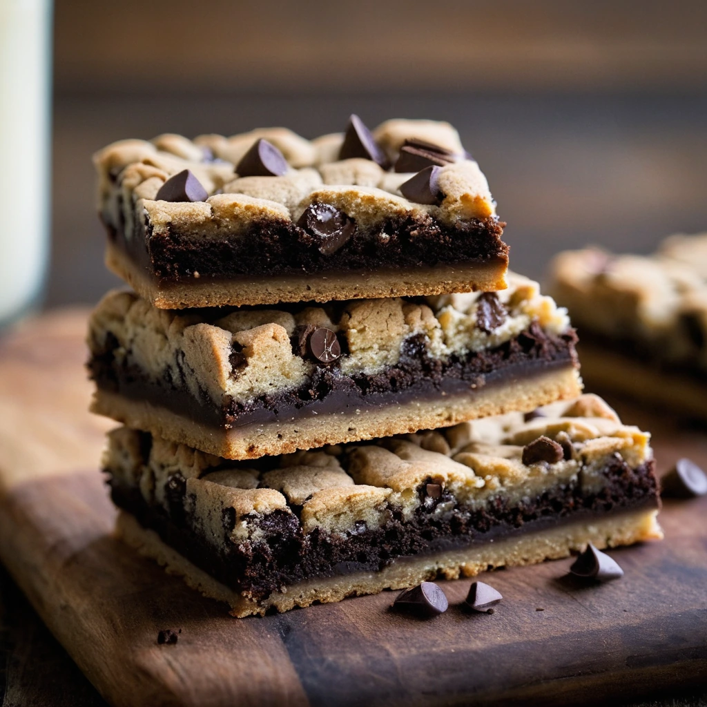 Golden cookie bars with chocolate chunks, crackled surface, arranged on a rustic wooden board.