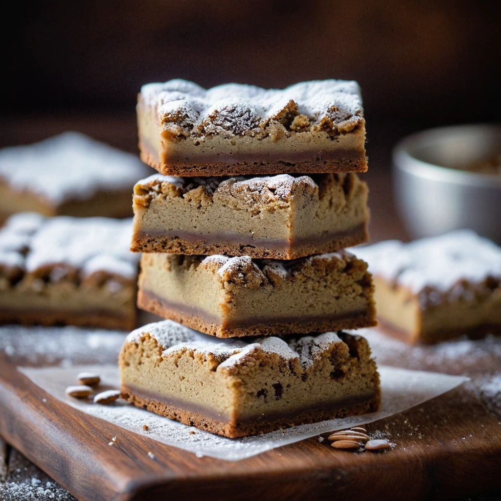 Golden gingerbread cookie bars dusted with powdered sugar, cut into squares on a rustic wooden board.