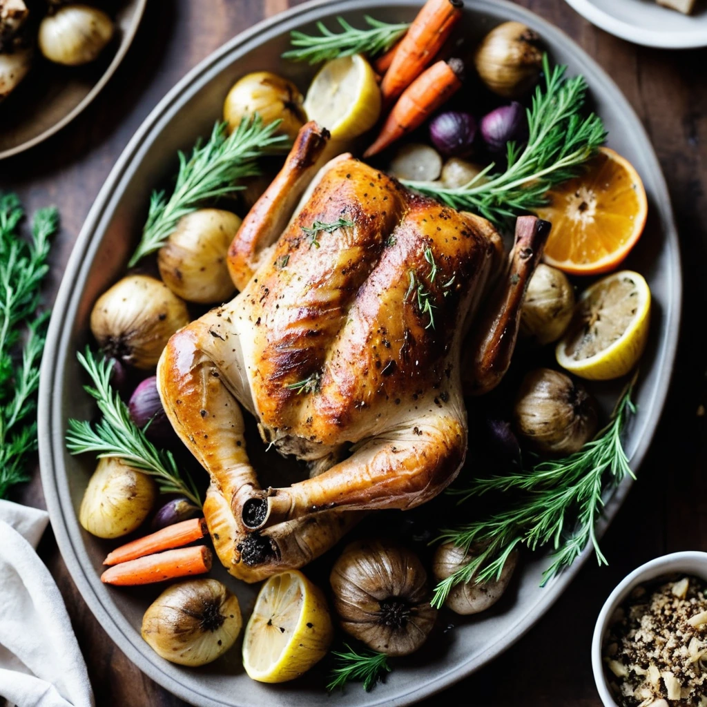 roasted chicken with carrots, parsnips, and potatoes, drizzled with brown butter sauce, surrounded by golden herbs on a baking sheet