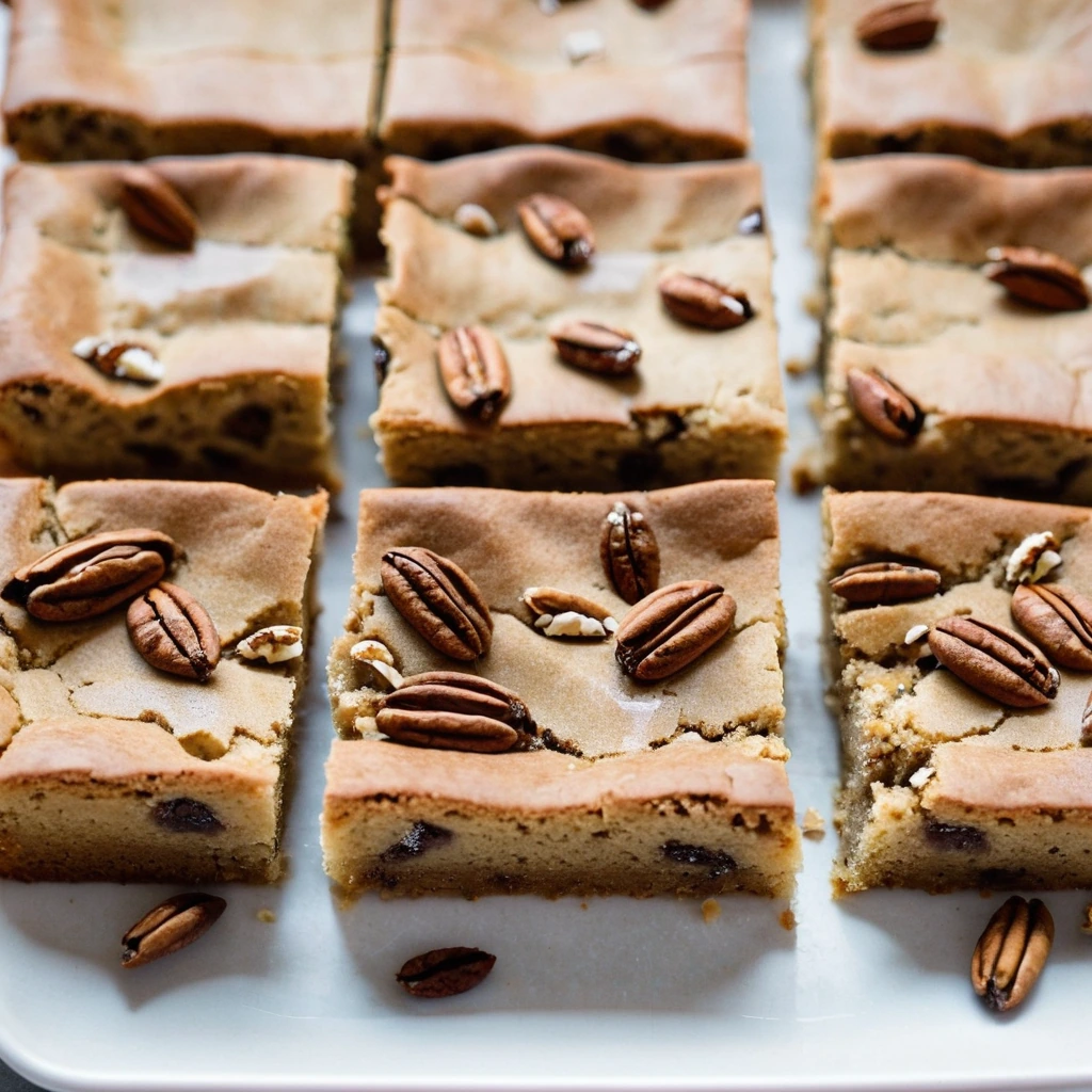 Golden blondies in a square pan, sprinkled with sea salt and topped with toasted pecans.