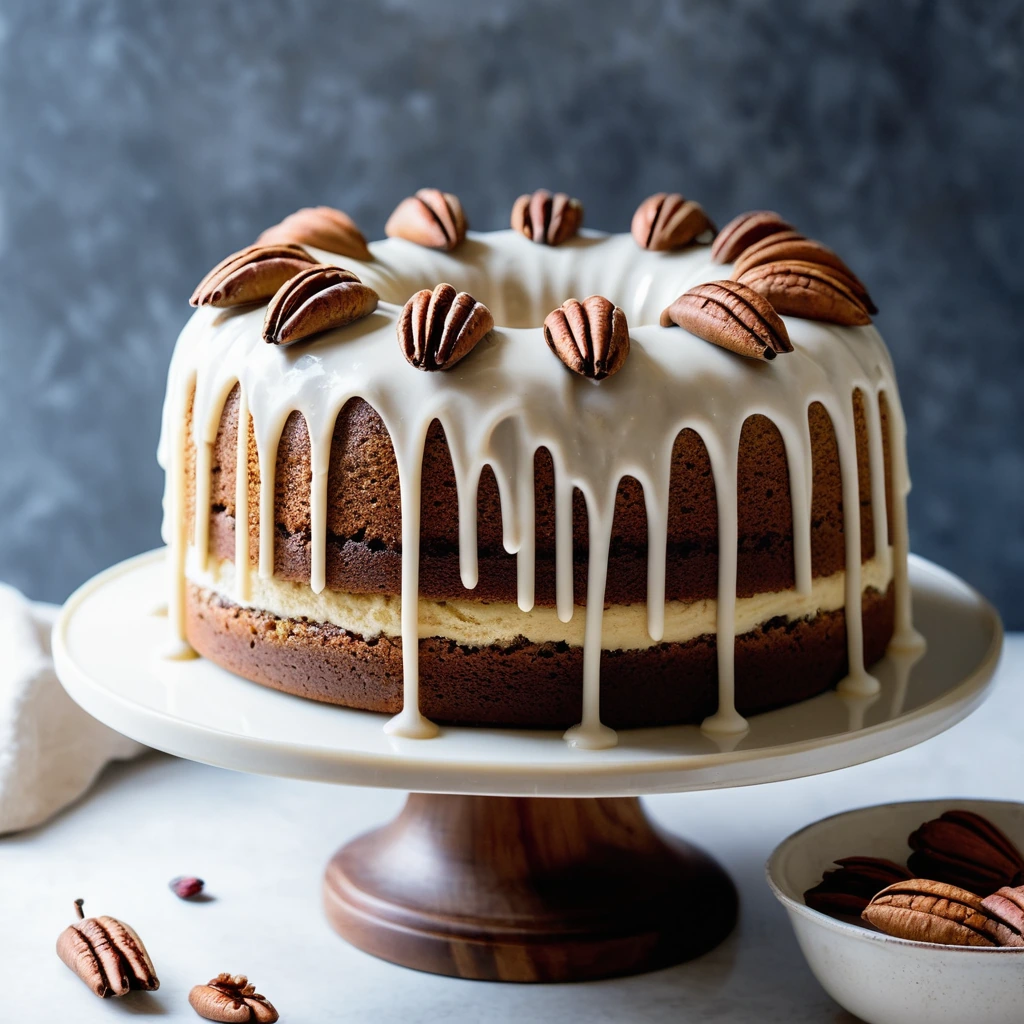 Golden brown cake with toasted pecans scattered on top, drizzled with creamy white glaze.