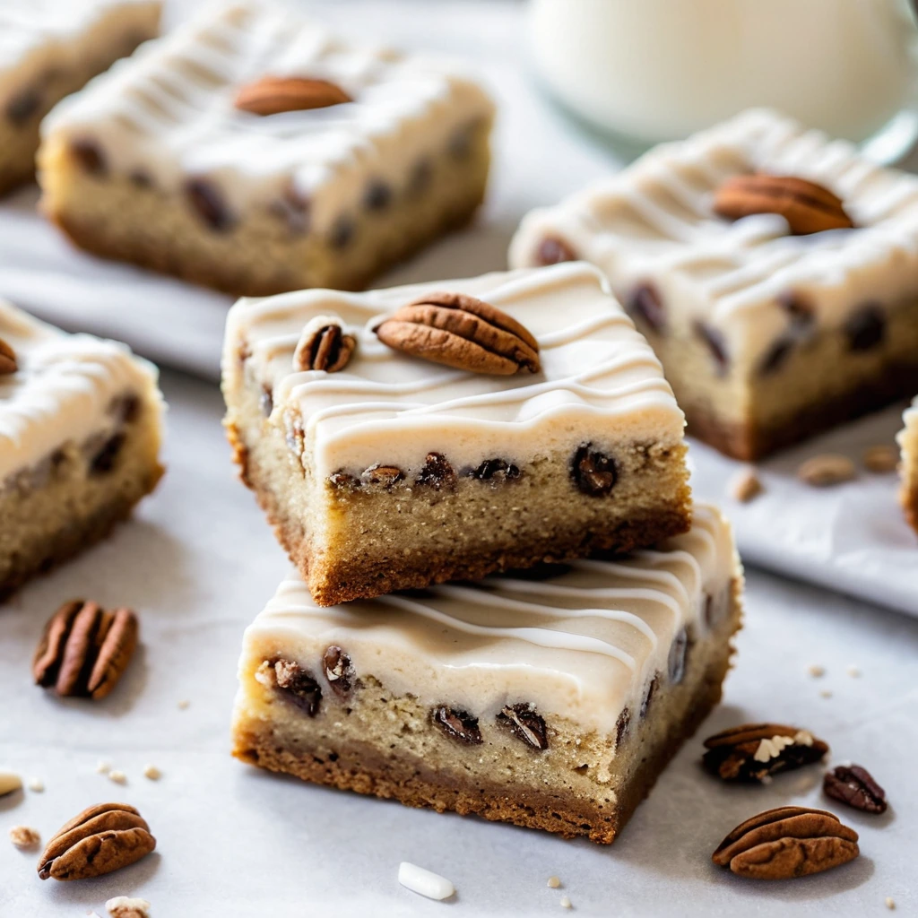 Golden brown cookie bars topped with a white vanilla glaze and studded with toasted pecans.