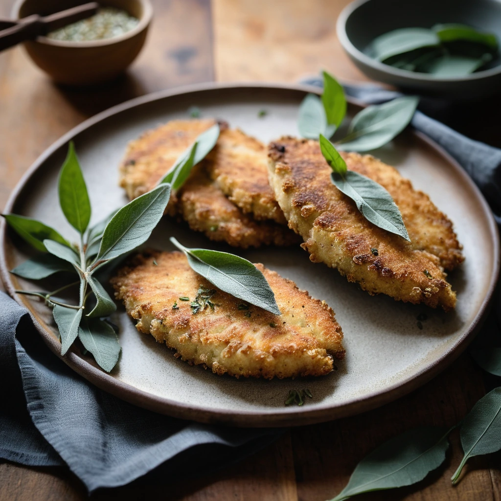 Platter of golden chicken cutlets garnished with crispy sage leaves on a rustic wooden board.