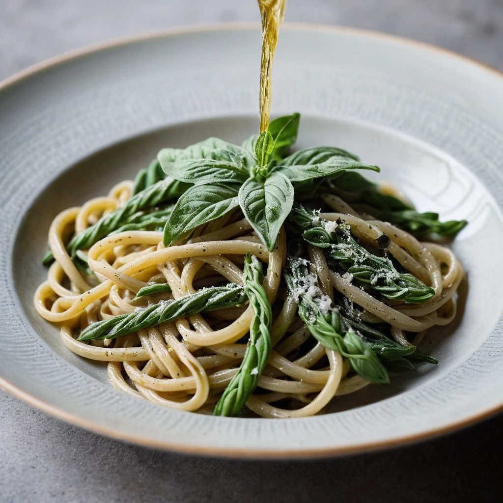 A swirl of golden brown sauce over a plate of green vegetables and al dente pasta with scattered sage leaves