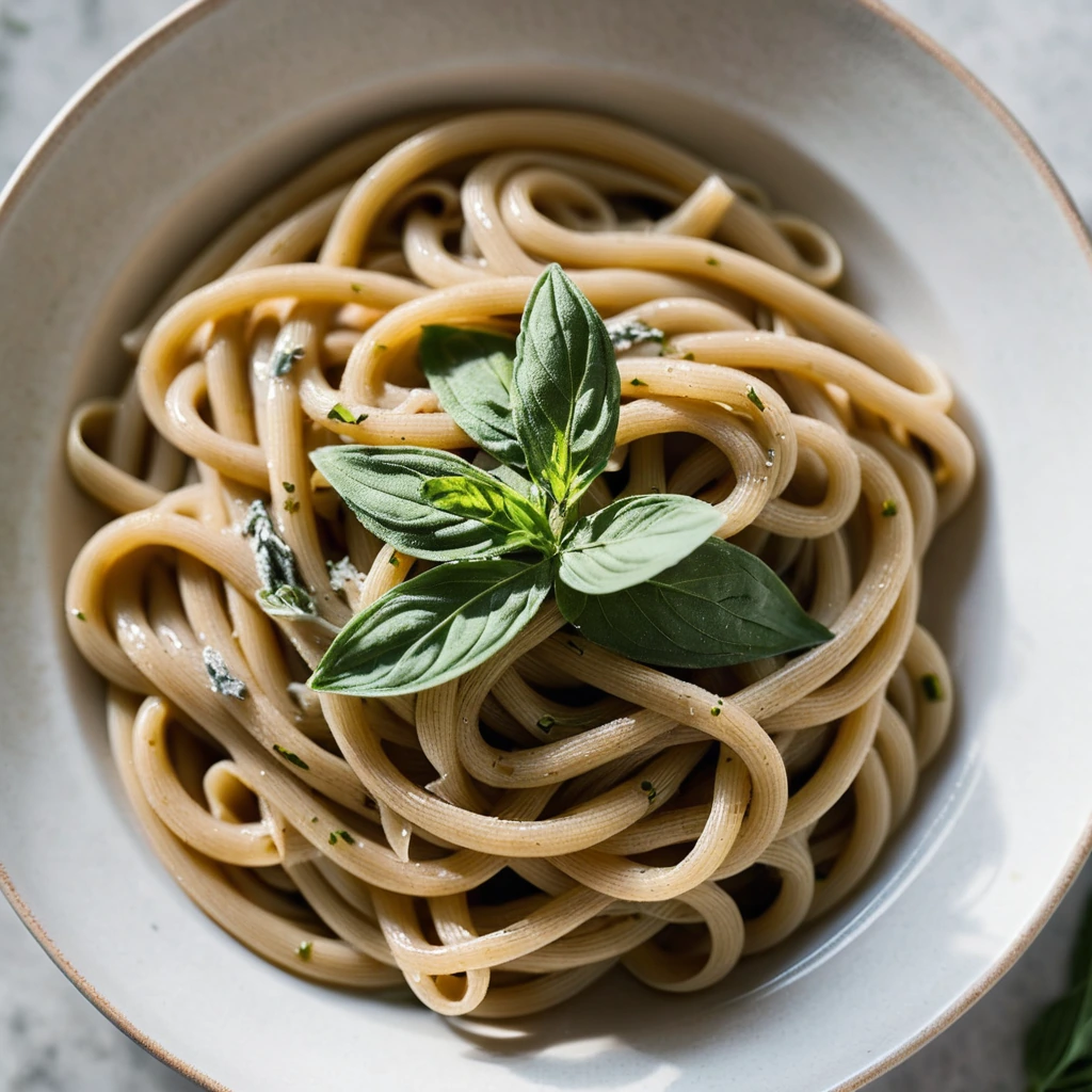 Creamy brown sauce with flecks of sage over golden pasta in a shallow white bowl