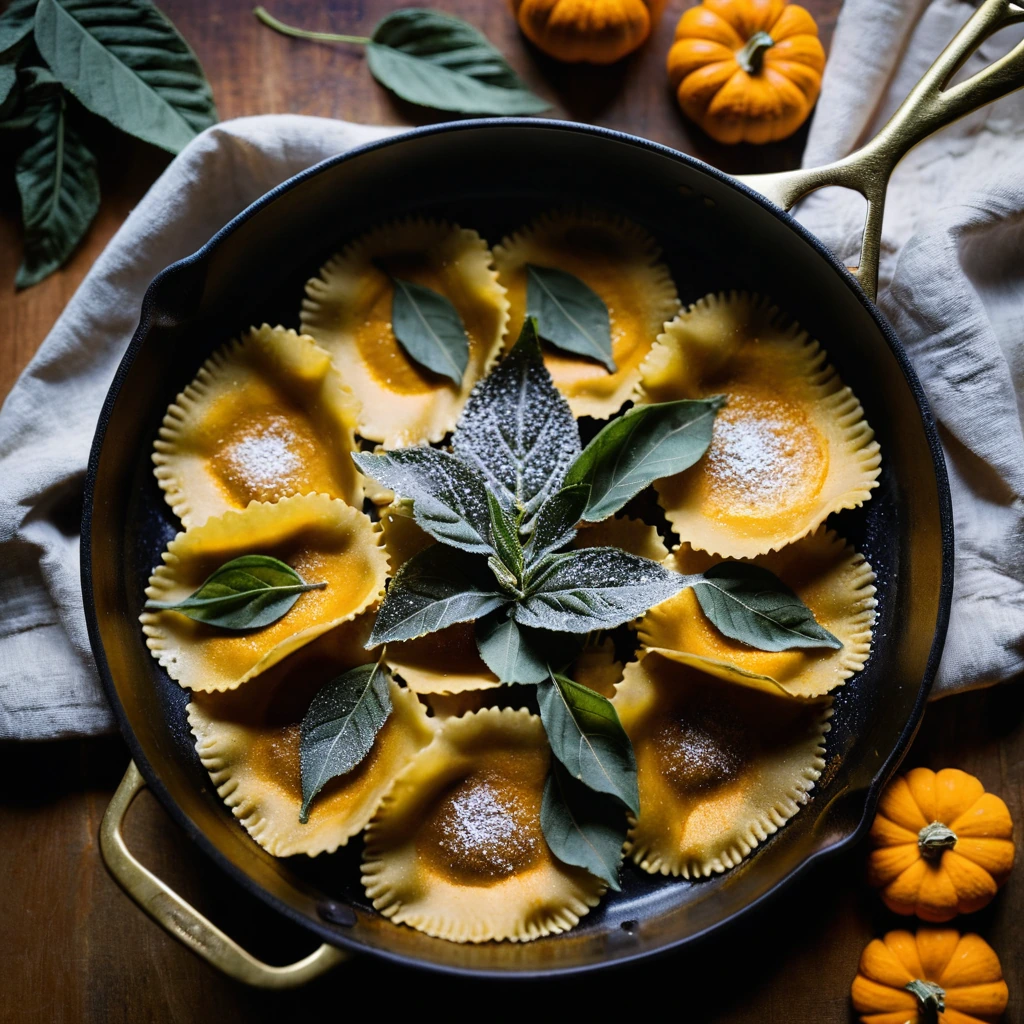 Pumpkin ravioli in a golden brown sauce with crispy sage leaves, served in a skillet.