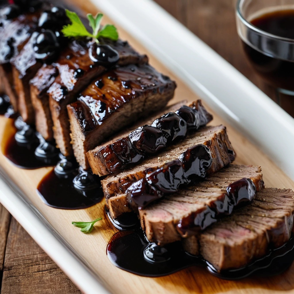 Golden-brown pork tenderloin glistening with a rich brown sugar balsamic glaze, served on a rustic wooden board.