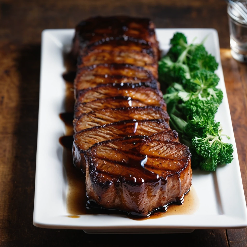 Four golden-brown pork chops glistening with a dark, glossy glaze, served on a rustic wooden board.