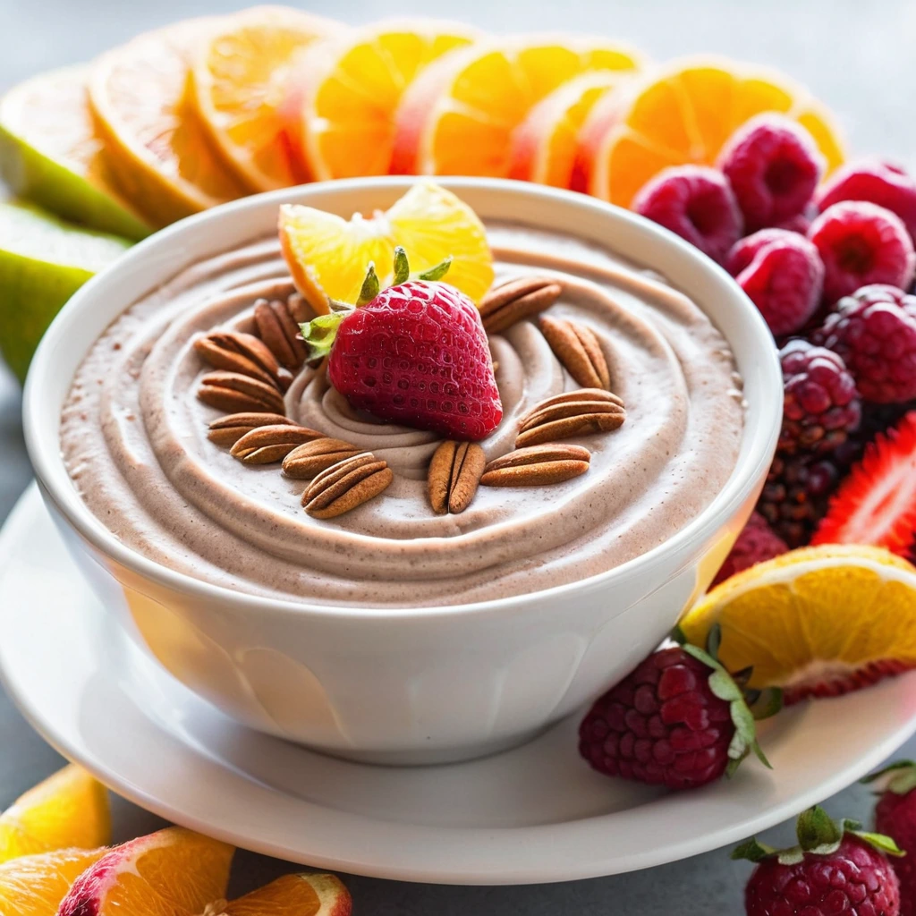 A white bowl filled with smooth, tan-colored dip, sprinkled with cinnamon and surrounded by colorful fruit slices.
