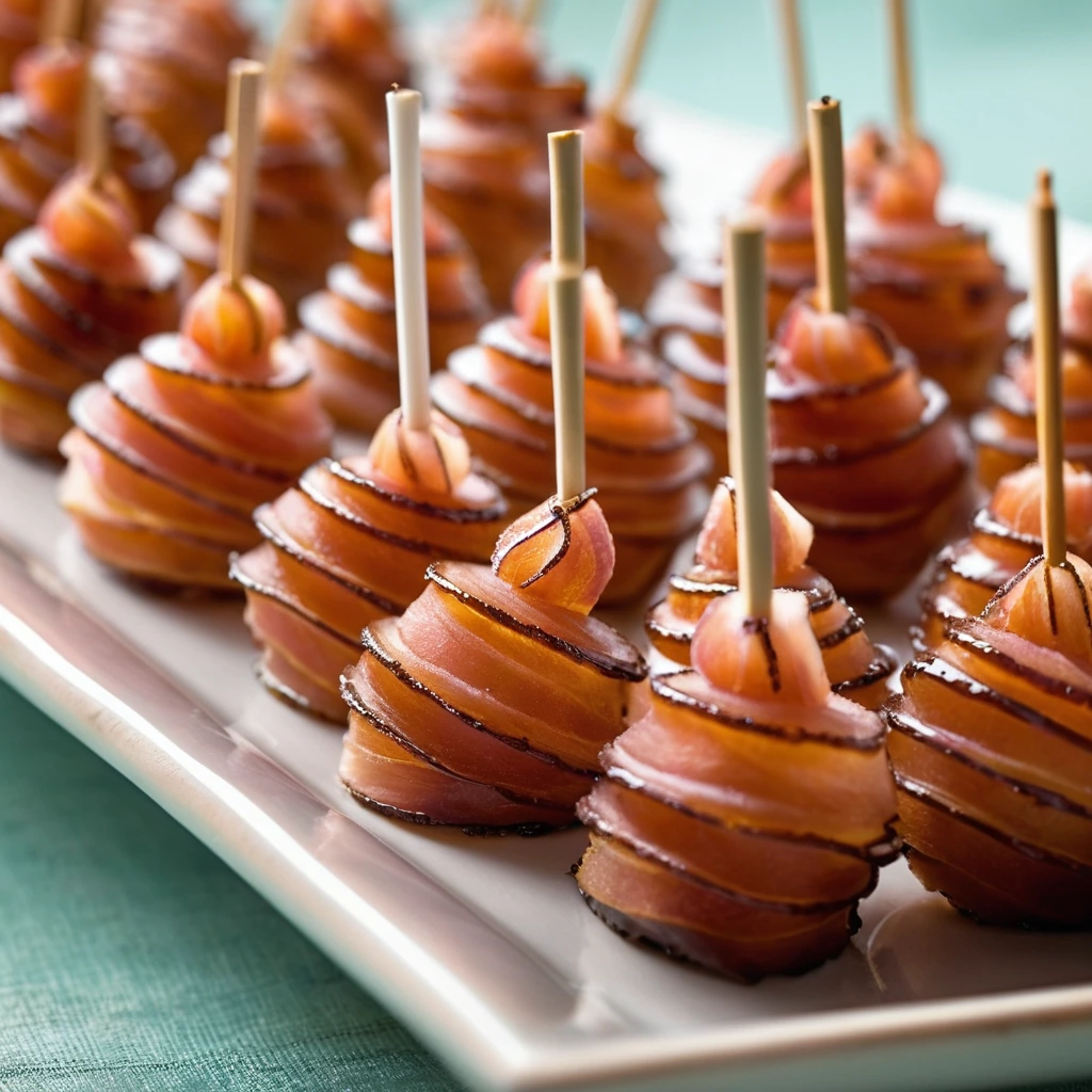 Golden-brown spiral ham bites drizzled with a caramelized glaze on a serving platter.